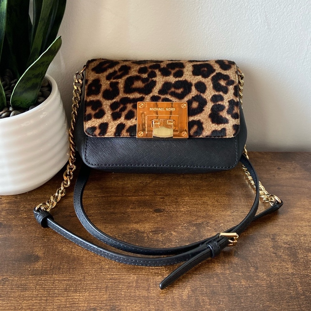 Michael Kors Tina Leopard Print on Calf Hair Flap & Black Leather Crossbody Bag